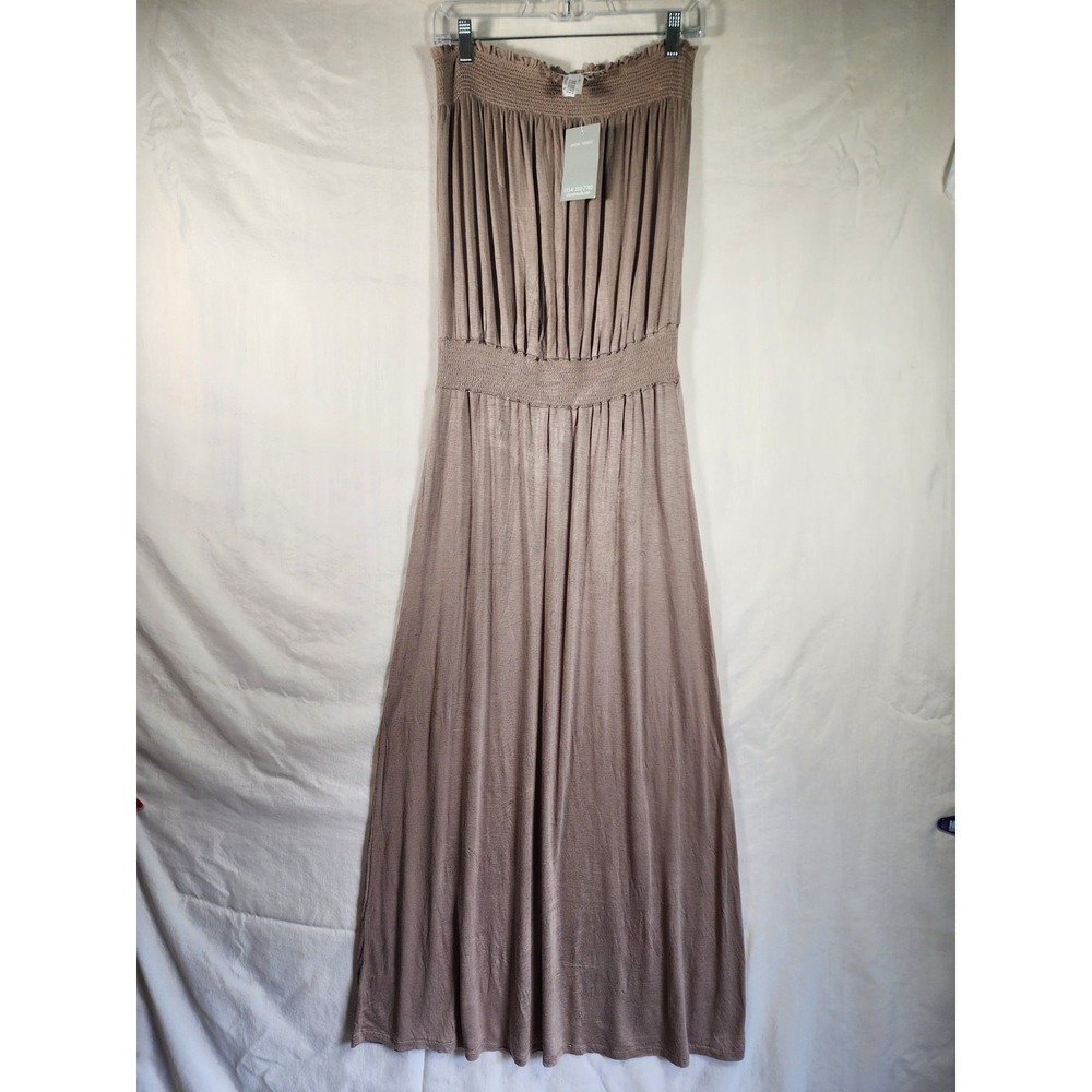 Shore Trendz NWT Womens L Maxi Dress Taupe USA Boho Coquette Fairycore Smocked